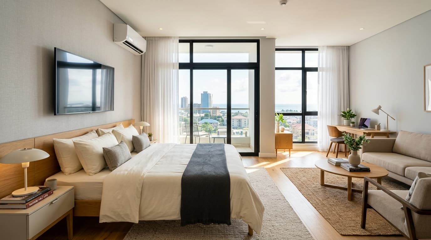 Luxury serviced apartment suite under AI computer vision inspection