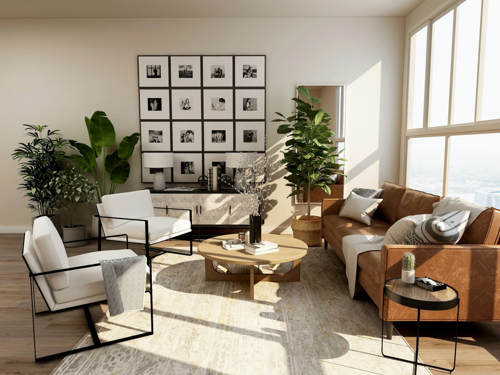 Sunlit contemporary living room with warm wood furniture and a comfortable cream sofa